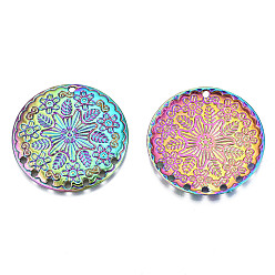 Rainbow Color Rainbow Color Alloy Pendants, Cadmium Free & Nickel Free & Lead Free, Flat Round with Flower, 33x2mm, Hole: 1.6mm