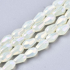 Beige Perles en verre electroplate, de couleur plaquée ab , larme à facettes, beige, 4x3mm, Trou: 0.7mm, Environ 98~99 pcs/chapelet, 16.54~16.92 pouce (42~43 cm)