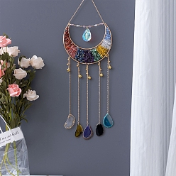 Mixed Stone Double Horn Natural Mixed Gemstone & Agate Woven Net Suncatchers, Chakra Theme Hanging Pendant Decorations with Glass Beaded, 660mm