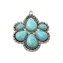 Antique Silver Retro Alloy Pendants, with Synthetic Turquoise, Flower Charms, Antique Silver, 47.5x40x5.5mm, Hole: 2.5mm