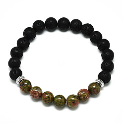 Unakite Natural Unakite Beads Stretch Bracelets, with Synthetic Lava Rock Beads and Alloy Beads, Round, Inner Diameter: 2-1/8 inch(5.5cm), Beads: 8.5mm