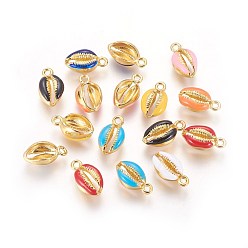 Mixed Color Alloy Enamel Pendants, Shell, Real 18K Gold Plated, Mixed Color, 13~15x7.5~8x5~6mm, Hole: 1.5~1.6mm