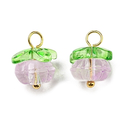 Lavender Handmade Lampwork Charms, with Golden Brass Findings, Pumpkin with Leaf Charm, Lavender, 13.5~14x12mm, Hole: 2.5~3mm