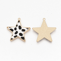 White Eco-Friendly Cowhide Leather  Pendants, with Golden Plated Alloy Cabochon Settings, Star with Leopard Print Pattern, White, 36.5x35x2~3mm, Hole: 1.8mm