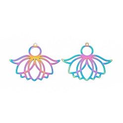 Rainbow Color 201 Stainless Steel Pendants, Etched Metal Embellishments, Lotus Charm, Rainbow Color, 30.5x38x0.2mm, Hole: 1.4mm