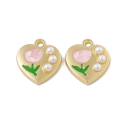 Pink Pendentifs en plastique imitation perle abs, avec apprêts en alliage doré et émail, coeur avec breloque fleur, rose, 15x14x4mm, Trou: 1.6mm