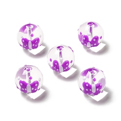 Dark Violet Handmade Lampwork Beads, Round with Butterfly Pattern, Dark Violet, 13.5~14x14.5~15mm, Hole: 1.5~1.8mm