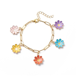 Colorful Alloy Enamel Flower Charm Bracelet with Paperclip Chains, Gold Plated 304 Stainless Steel Jewelry for Women, Colorful, 6-7/8 inch(17.6cm)