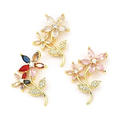 Mixed Color Rack Plating Real 18K Gold Plated Brass Pendants, with Cubic Zirconia, Long-Lasting Plated, Lead Free & Cadmium Free, Flower, Mixed Color, 29x20.5x5mm, Hole: 3.8x1.8mm