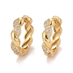 Real 18K Gold Plated Clear Cubic Zirconia Twisted Rope Shape Hoop Earrings, Brass Hinged Earrings for Women, Cadmium Free & Nickel Free & Lead Free, Real 18K Gold Plated, 16x3.5mm, Pin: 0.9mm