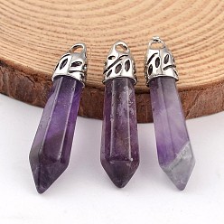Amethyst Bullet Natural Amethyst Pendants, with Platinum Tone Alloy Findings, 33~40x8~10mm, Hole: 3x2mm
