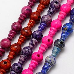 Mixed Color Natural Fossil 3-Hole Guru Bead Strands, for Buddhist Jewelry Making, T-Drilled Beads, Dyed, Mixed Color, 18mm, Hole: 2~3mm, 2pcs/set, 10sets/strand, 7.1 inch