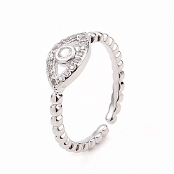 Platinum Clear Cubic Zirconia Evil Eye Open Cuff Ring, Brass Jewelry for Women, Platinum, Inner Diameter: 15.5mm