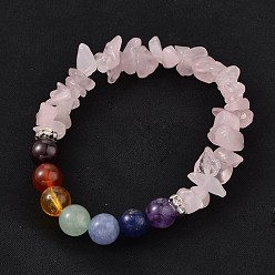 Quartz Rose Puces et bracelets extensibles en perles de pierres précieuses naturelles chakra rond, quartz rose, 50~53mm