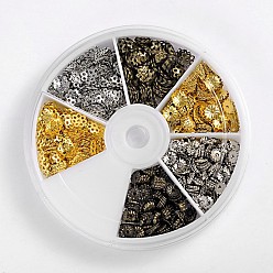 Mixed Color Iron Bead Caps, 3 Color, Mixed Color, 5~6x1~1.5mm, Hole: 1mm, about 200pcs/compartments, 1200pcs/box
