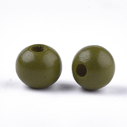 Olive Painted Natural Wood Beads, Round, Olive, 10x8.5~9mm, Hole: 2~3mm