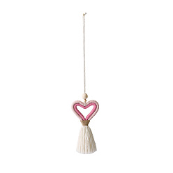Rose Chaud Coton pendentif pompon décorations, décoration à suspendre en forme de cœur tressé, rose chaud, 33.5~36x6.5~7.8 cm