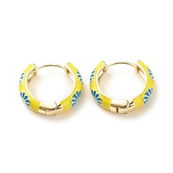 Yellow Daisy Flower Enamel Hoop Earrings, Gold Plated Brass Hinged Earrings for Women, Yellow, 20x22x5mm, Pin: 0.9mm