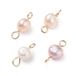 Seashell Color Natural Cultured Freshwater Pearl Connector Charms, with Golden Tone 304 Stainless Steel Loops, Nuggets, Seashell Color, 13.5~14x5~7x4.5~5mm, Hole: 1.8~2.8mm