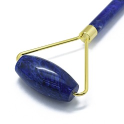 Marine Blue Glass Brass Face Massager, Facial Rollers, Dyed & Heated, Golden, Marine Blue, 140.5x62.5x25mm