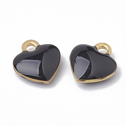 Black Brass Charms, Enamelled Sequins, Raw(Unplated), Heart, Black, 10x9x2mm, Hole: 1.5mm