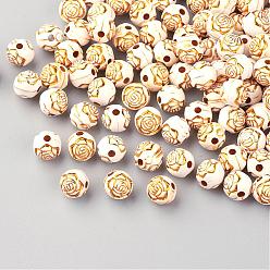 Beige Plating Acrylic Beads, Golden Metal Enlaced, Round with Flower, Beige, 8mm, Hole: 1.5mm, about 2000pcs/500g