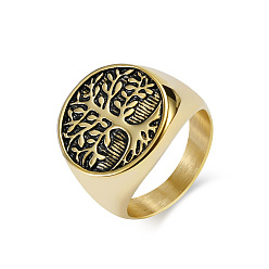 Oro Antiguo Anillo de dedo retro del árbol de la vida de acero de titanio, anillo de banda amplia, oro antiguo, diámetro interior: 21 mm