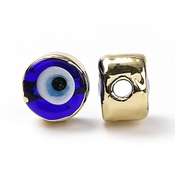 Dark Blue Handmade Evil Eye Lampwork Beads, with Golden Tone Brass Findings, Long-Lasting Plated, Cadmium Free & Lead Free, Flat Round, Dark Blue, 12.5x8mm, Hole: 2.5mm