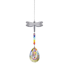 Teardrop Cristal lustre suncatchers prismes chakra pendentif suspendu, avec des chaînes de câble de fer, pendentif perles de verre et laiton libellule, motif de larme, 350mm, larme: 50x35 mm, libellule: 45x60 mm