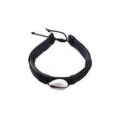 Black Adjustable Cowhide Leather Cord Braided Bracelets, with Cowrie Shell Beads and Nylon Thread Cord, Burlap Paking Pouches Drawstring Bags, Black, 1-3/4 inch~3 inch(4.5~7.8cm), 10.5mm