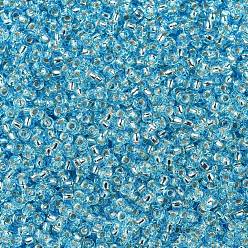 (RR18) Silverlined Aqua Cuentas de rocailles redondas miyuki, granos de la semilla japonés, (rr 18) aguamarina plateada, 11/0, 2x1.3 mm, agujero: 0.8 mm, sobre 1100 unidades / botella, 10 g / botella