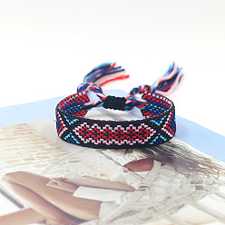 Noir Bracelet cordon polyester tressé motif losange, bracelet brésilien réglable ethnique tribal pour femme, noir, 5-7/8 pouce (15 cm)