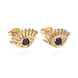 Black Brass Micro Pave Cubic Zirconia Stud Earrings, Evil Eye, Golden, Black, 8.3x13.5x2.3mm, Pin: 0.7mm