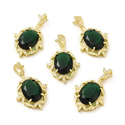 Dark Green Rack Plating Brass Cubic Zirconia Pendants, with Rhinestone, Real 14K Gold Plated, Cadmium Free & Lead Free, Oval with Leaf Charm, Dark Green, 28.5x22x7mm, Hole: 7x4mm