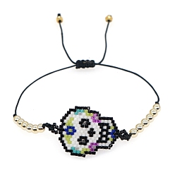 Black Miyuki Seed Braided Bead Bracelet, Skull Friendship Bracelet for Women, Black, 11 inch(28cm)