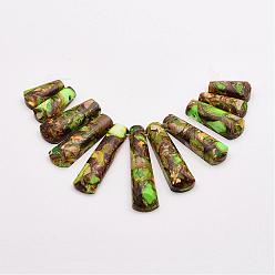 Yellow Green Assembled Bronzite and Imperial Jasper Beads Strands, Graduated Fan Pendants, Focal Beads, Dyed, Yellow Green, 17~40x9~9.5x5~6mm, Hole: 1mm, 11pcs/strand, 3.54 inch