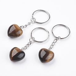 Tiger Eye Natural Tiger Eye Keychain, with Platinum Iron Findings, Heart, 72mm