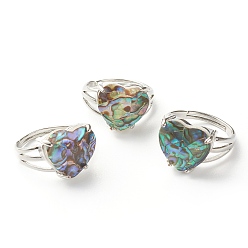 Paua Shell Adjustable Natural Abalone Shell/Paua Shell Finger Rings, with Platinum Plated Brass Findings, Heart, US Size 8, Inner Diameter: 18mm
