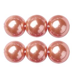 Coral Eco-Friendly Glass Pearl Beads Strands, Grade A, Round, Dyed, Cotton Cord Threaded, Coral, 14mm, Hole: 1.2~1.5mm, about 30pcs/strand, 15.7 inch