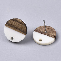 Creamy White Resin & Walnut Wood Stud Earring Findings, with 304 Stainless Steel Pin, Flat Round, Creamy White, 15mm, Hole: 1.8mm, Pin: 0.7mm