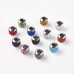 Mixed Color 304 Stainless Steel European Beads, with Grade A Rhinestone, Large Hole Beads, Barrel, Mixed Color, 10x9.5mm, Hole: 5mm