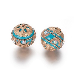 Turquoise Foncé Perles Indonésiennes manuelles, avec les accessoires en alliage et chaîne en fer, ronde, or et de lumière, turquoise foncé, 20x19.5mm, Trou: 2mm