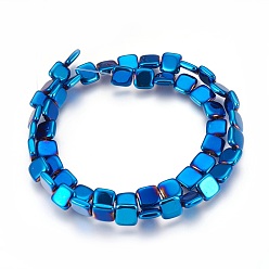 Blue Plated Electroplated Non-magnetic Synthetic Hematite Beads Strands, Polish, Square, Blue Plated, 8x8x2.5mm, Hole: 1mm, about 52pcs/strand, 15.98 inch(40.6cm)