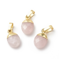 Rose Quartz Natural Rose Quartz Charms, with Light Gold Tone Brass Findings, Faceted, Cadmium Free & Lead Free, Oval, 14x8x5mm, Hole: 6x4mm