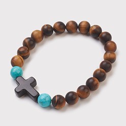Tiger Eye Handmade Porcelain Beads Stretch Bracelets, with Natural Tiger Eye and Synthetic Turquoise(Dyed) Beads, Frosted, Round, 2 inch(5.1cm)