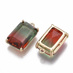 Colorful Two Tone Glass Pendants, with Brass Findings, Faceted, Rectangle, Golden, Colorful, 20.5x13x8mm, Hole: 1.5mm