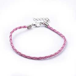 Pink Trendy Braided Imitation Leather Bracelet Making, with Iron Lobster Claw Clasps and End Chains, Pink, 200x3mm