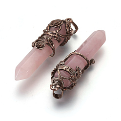 Rose Quartz Natural Rose Quartz Pointed Pendants, with Red Copper Plated Brass Findings, Bullet, 57~60x16mm, Hole: 8x5mm