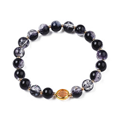 Noir Bracelet extensible en perles de verre rondes avec anneau en laiton plaqué or pour femme, noir, diamètre intérieur: 2 pouce (5 cm)