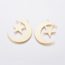 Golden 201 Stainless Steel Pendants, Moon and Star, Golden, 30x24x0.6mm, Hole: 1.4mm